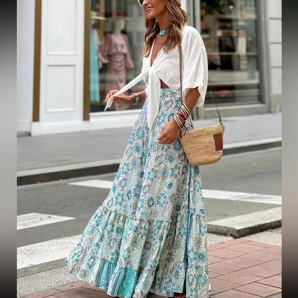 Boho floral print elastic waist maxi skirt